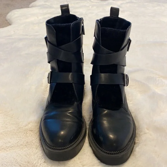 ☠️ ZARA TRAFALUC MOTO LEATHER & FAUX FUR EDGY BIKER BABE GRUNGE BUCKLE BOOTS - Picture 2 of 15